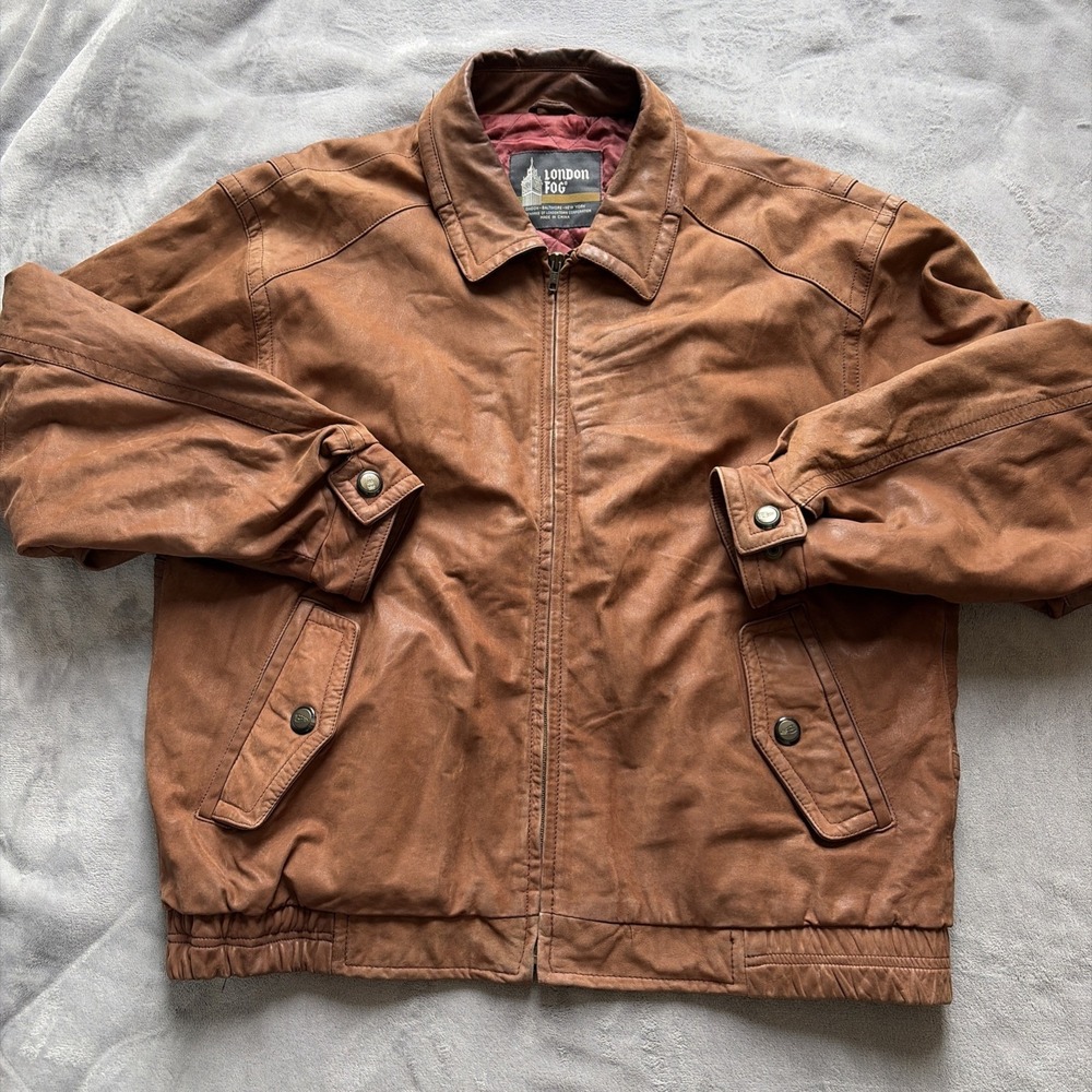 Vintage London Fog Leather‎ Bomber Jacket Men's XL Brown Heavyweight 90s